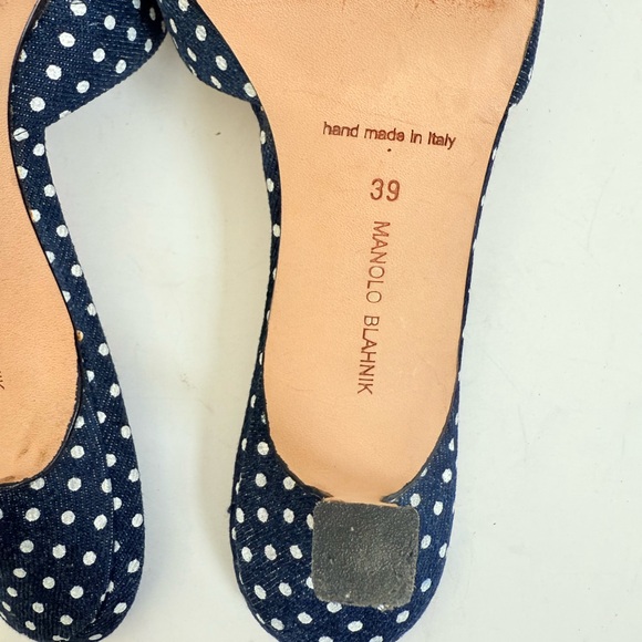 Manolo Blahnik Navy Polka Dot Denim Mule Kitten Heel Slide sandals EU 39 - Picture 10 of 10
